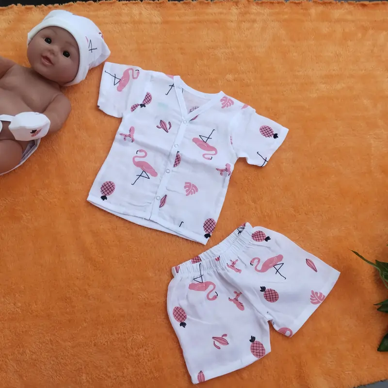 Photo 1 of 1 - Premium Muslin Jabla Half sleeve with Shorts - Flammingo | MAMORITAI.SHOP