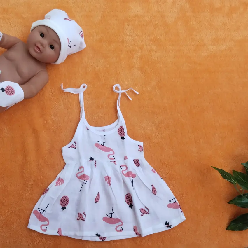 Photo 1 of 1 - Muslin Tie Knot Frock For Baby Girl - Flammingo  | MAMORITAI.SHOP