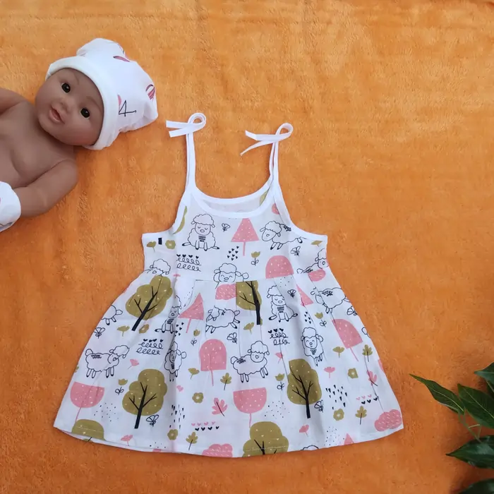 Photo 1 of 1 - Muslin Tie Knot Frock For Baby Girl - Sheep | MAMORITAI.SHOP